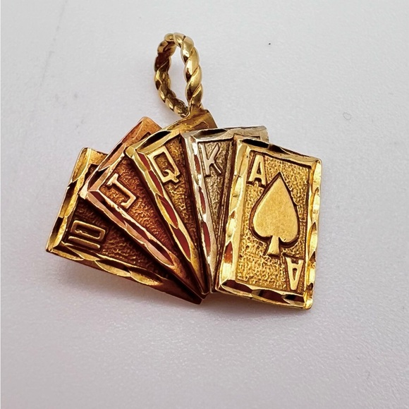 Solid w14K Yellow Gold Royal Flush Poker Pendant Playing Cards Charm
